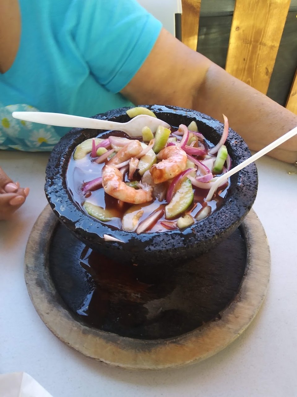 Menu page featuring seafood, tacos, and breakfast plates.